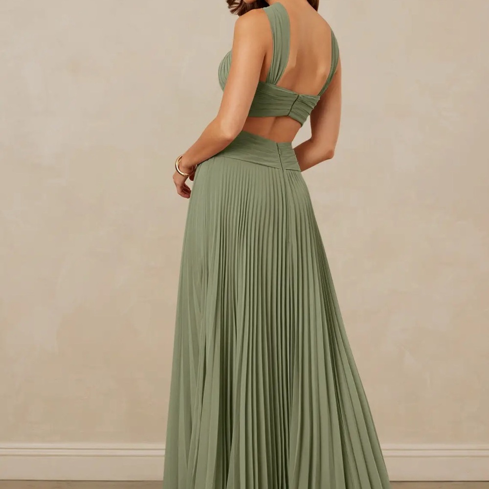 Azazie Olive Green Pleated Halter Wedding Dress - Picture 2 of 10